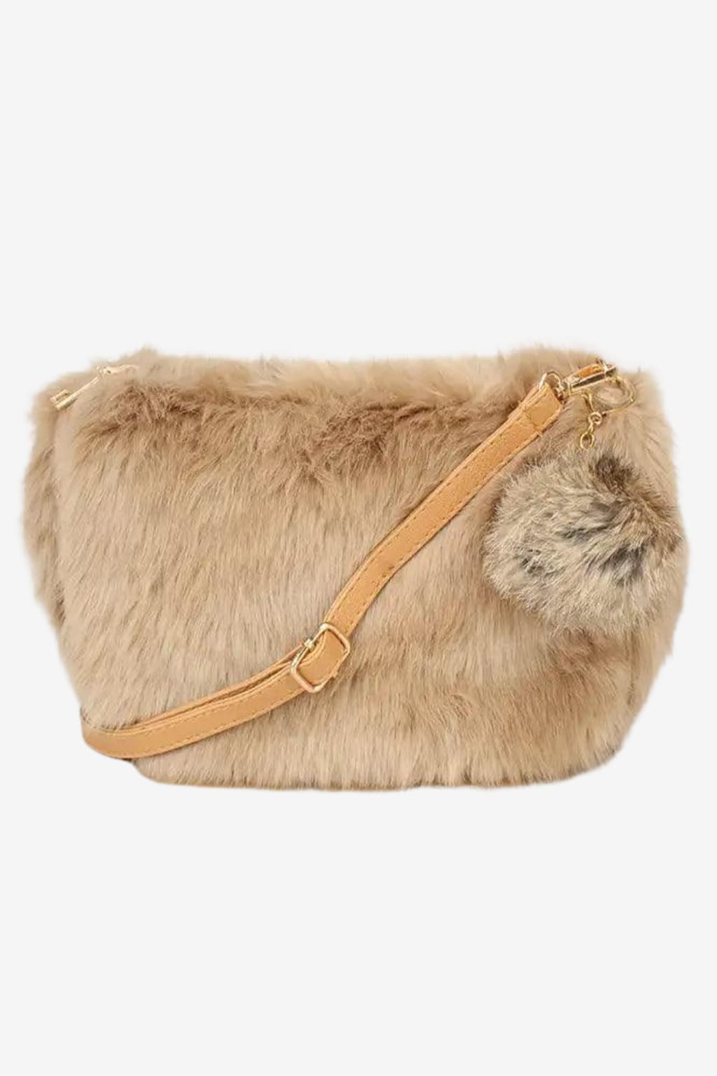 Women's Beige Faux Fur Crossbody Bag with Pom-Pom
