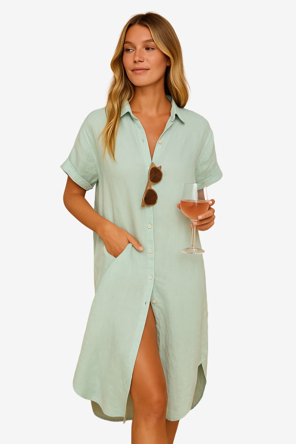 Women's Long Linen Blend Shirt Dress - Button Down Relaxed Fit