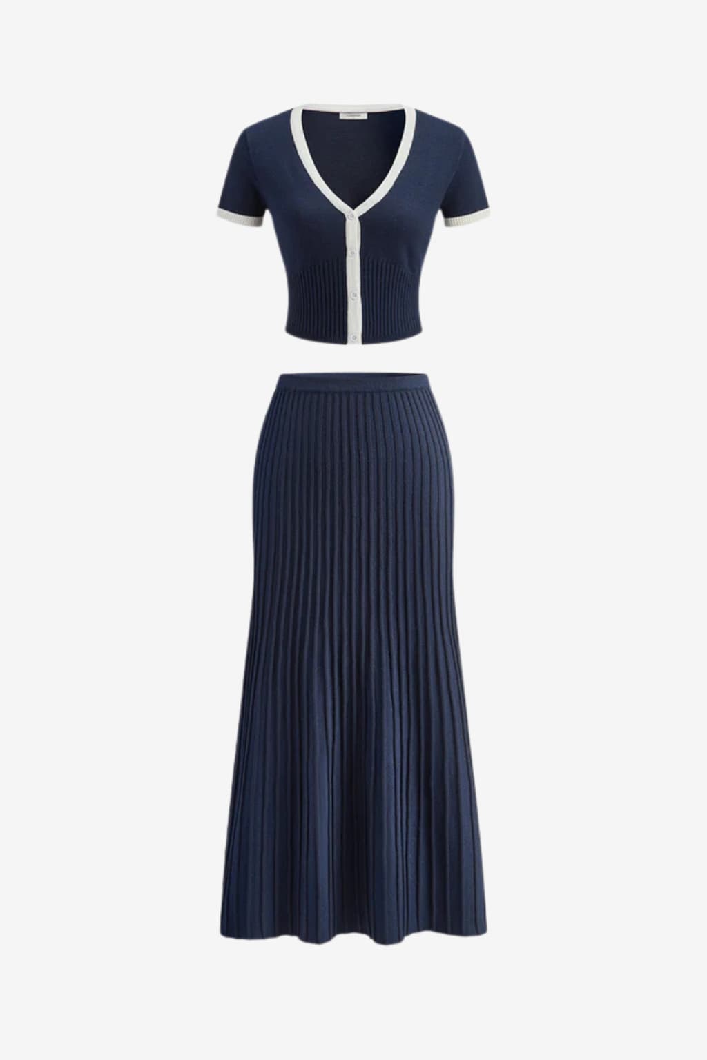 Women’s Knit Skirt Set V-Neck Top &amp; Pleated Midi Skirt