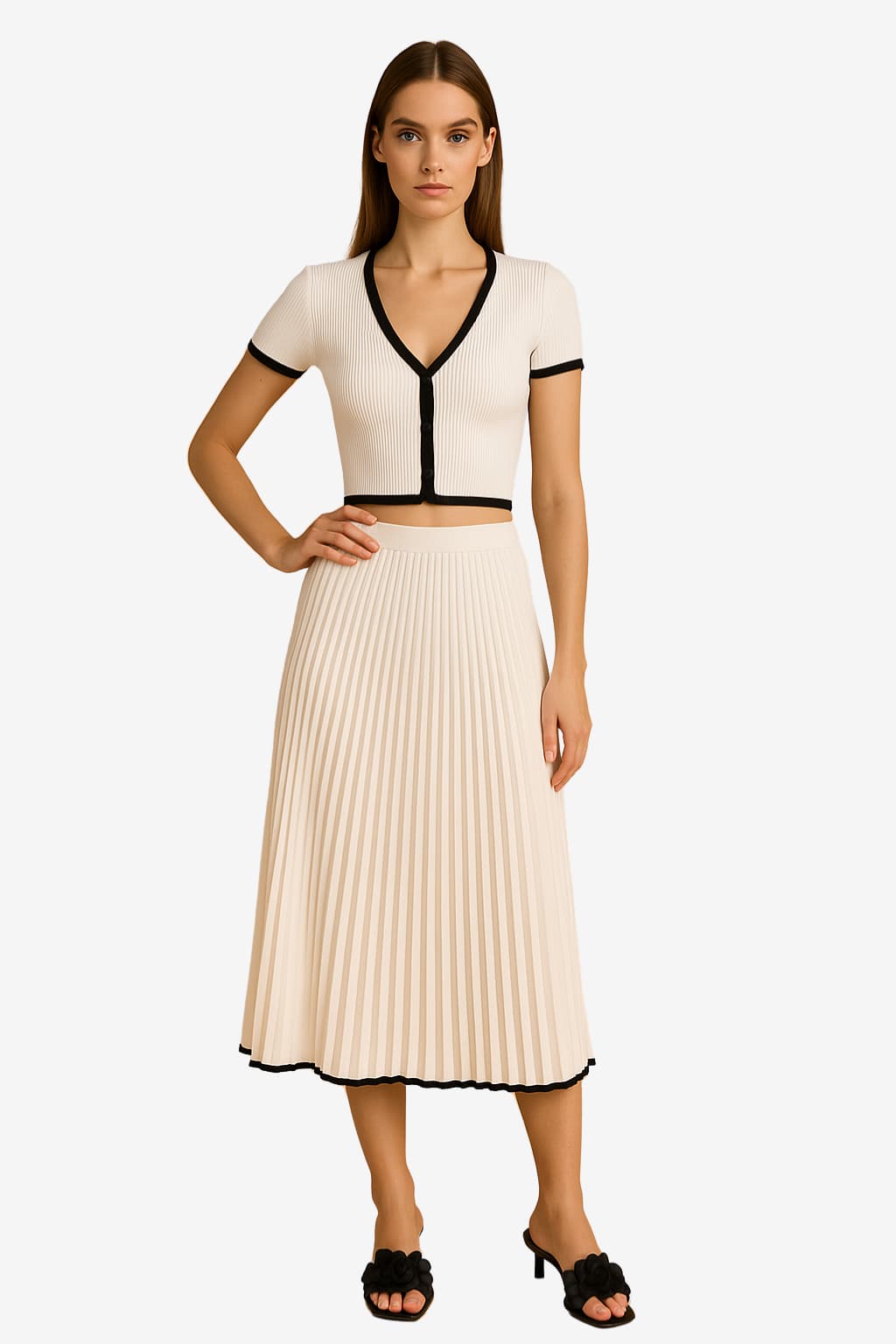 Women’s Knit Skirt Set V-Neck Top &amp; Pleated Midi Skirt
