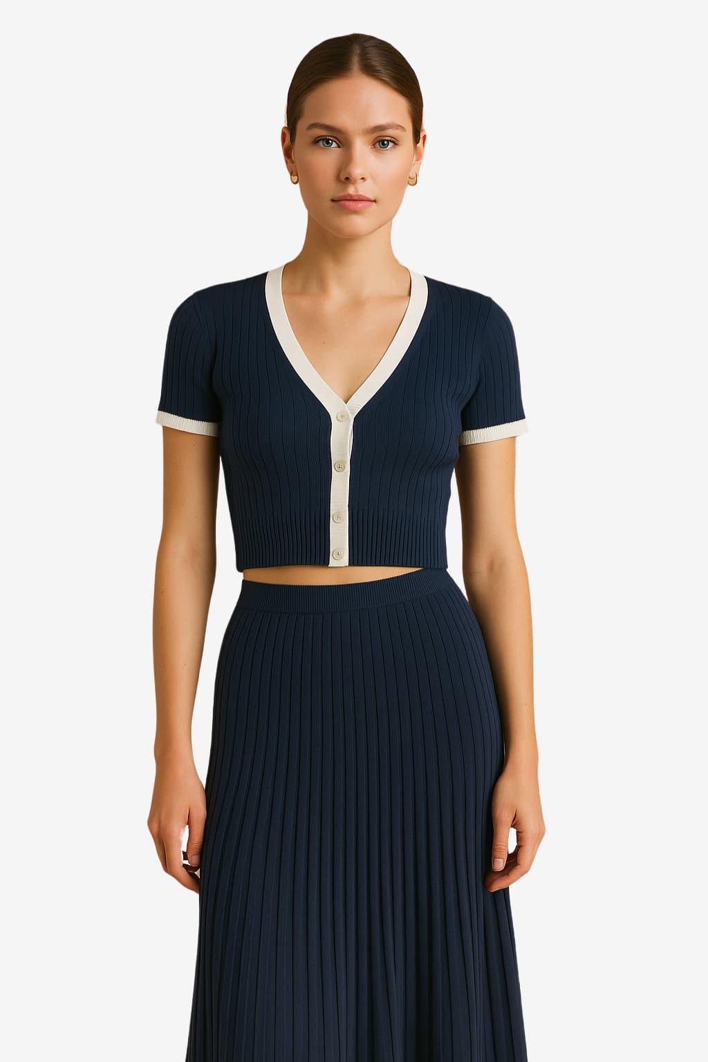 Women’s Knit Skirt Set V-Neck Top &amp; Pleated Midi Skirt