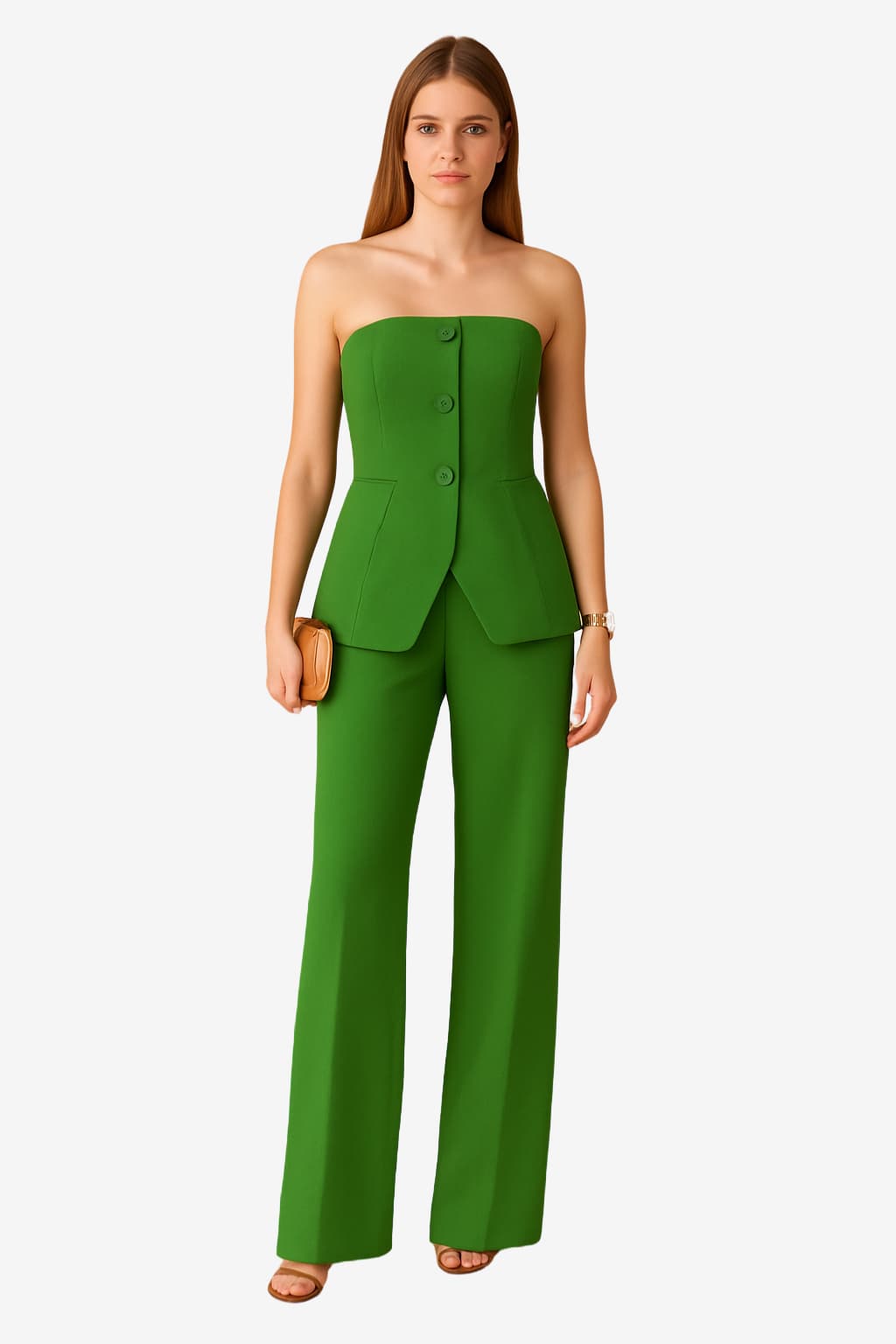 Women’s Strapless Blazer Suit Set with Wide-Leg Trousers