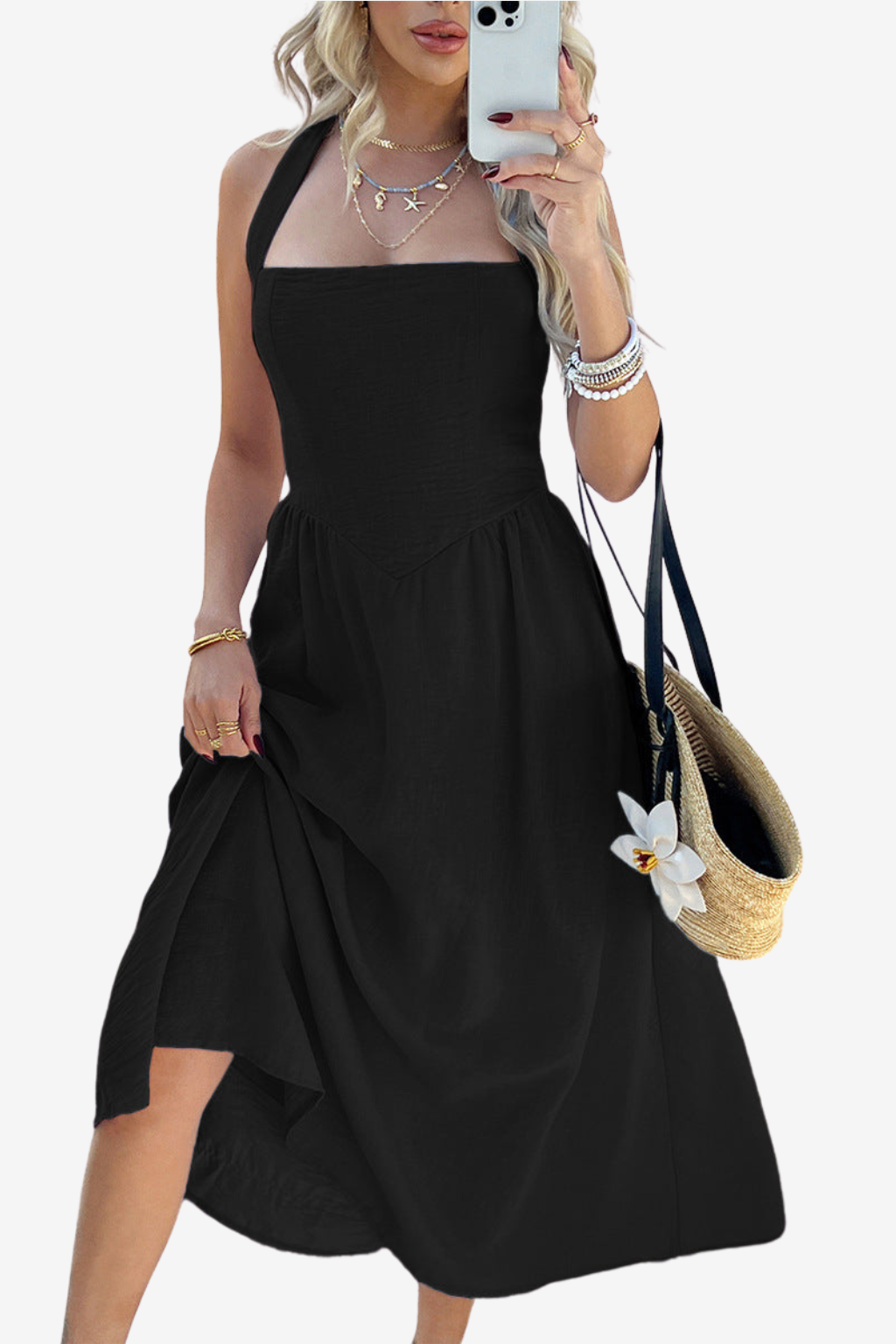 Women's Cotton Linen Halter Midi Dress - Sleeveless A-Line Fit for Summer