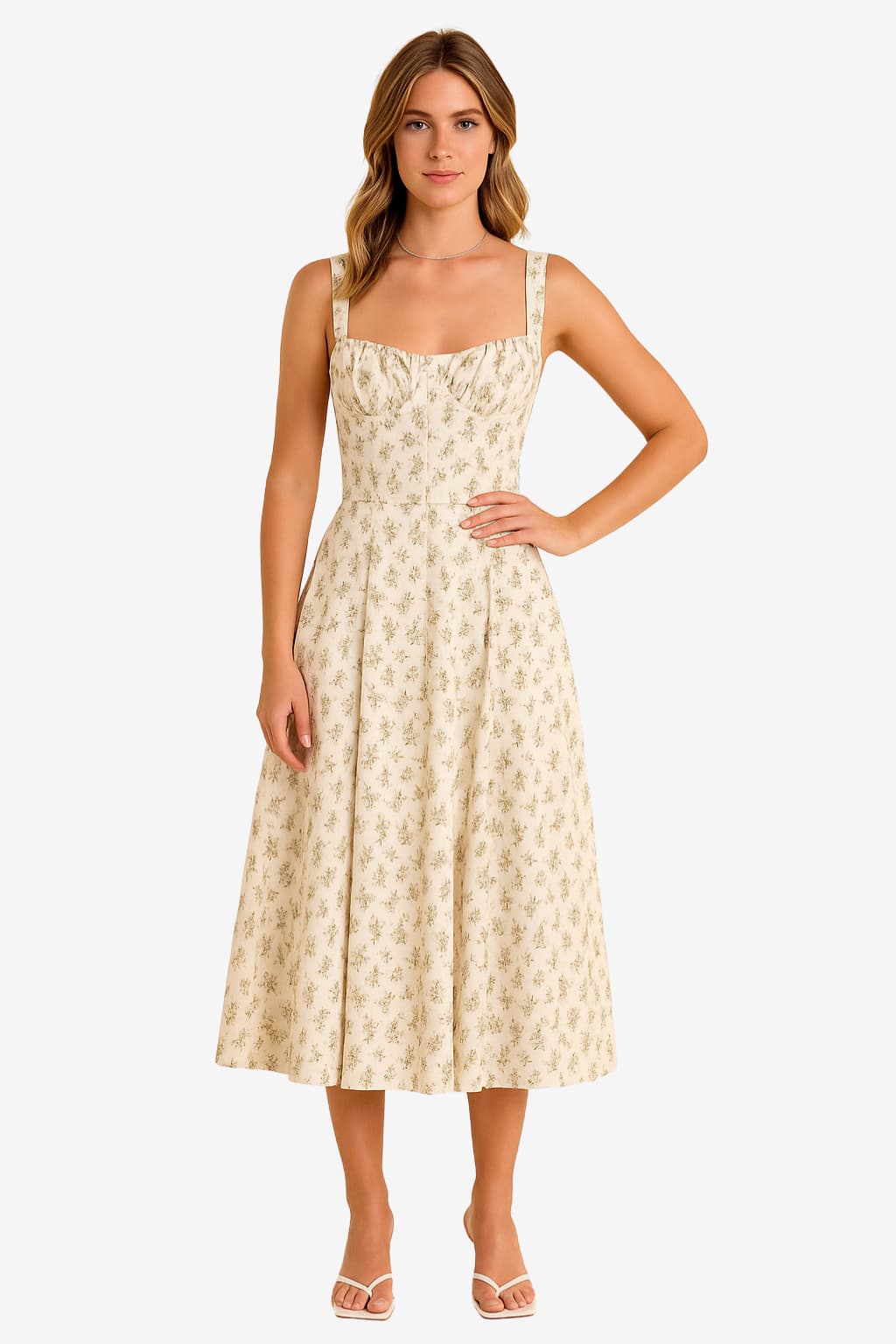 Women’s Floral Corset Midi Dress with Sweetheart Neck