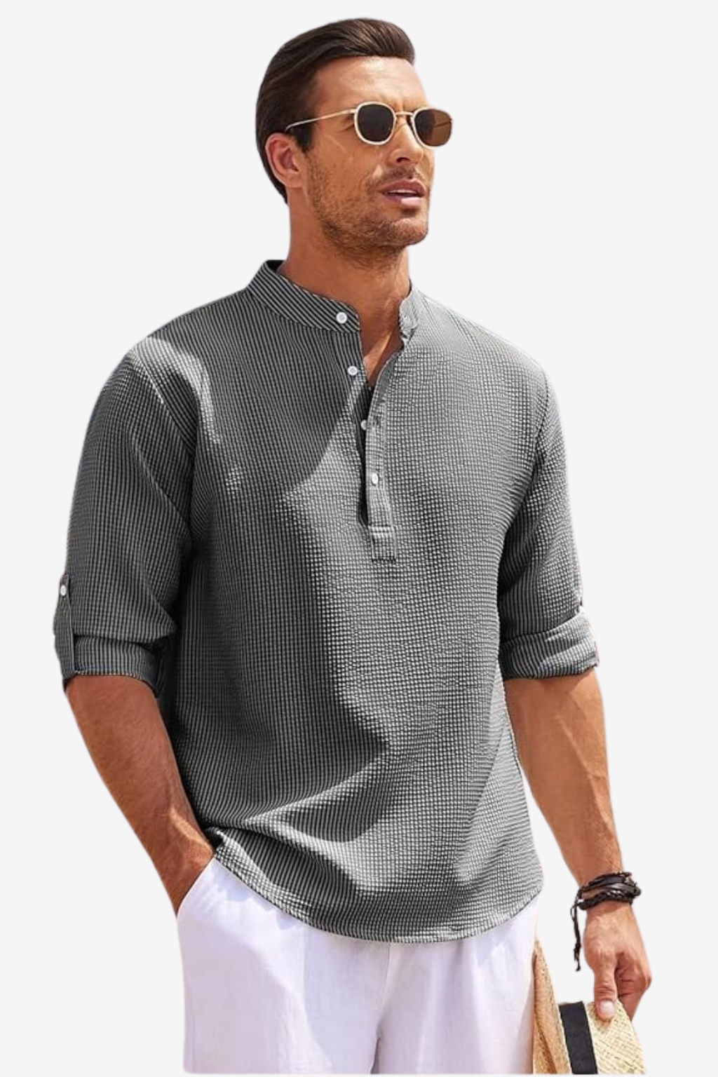 Men’s Linen Blend Shirt Long Sleeve Band Collar Casual