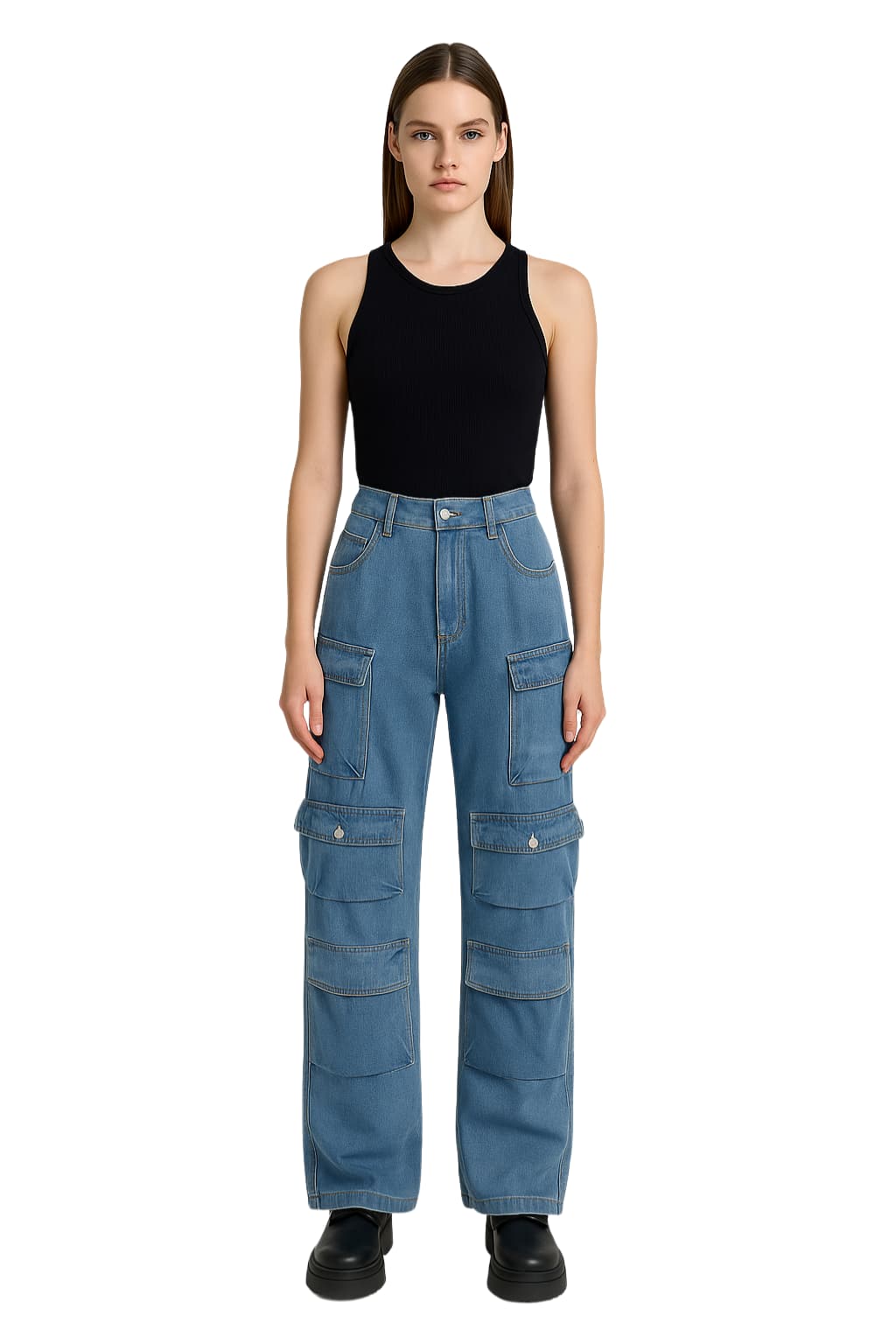 Women’s Wide Leg Cargo Jeans with Pockets – Denim