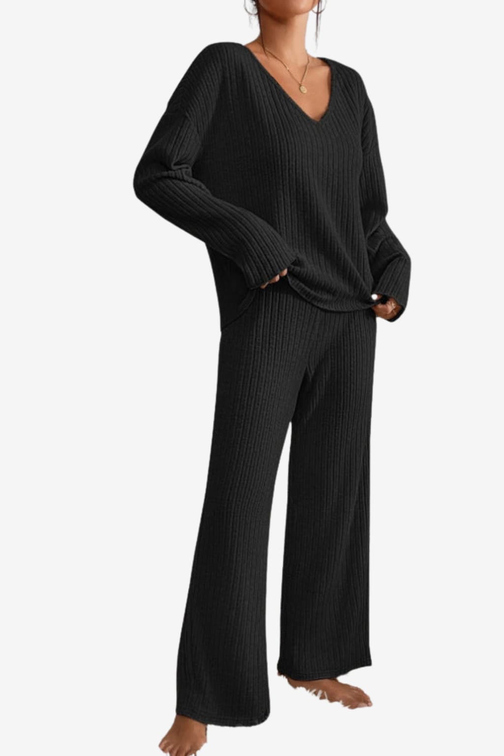 Women’s Ribbed Knit Lounge Set V-Neck Top Trousers