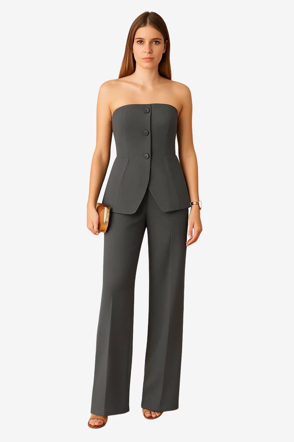 Women’s Strapless Blazer Suit Set with Wide-Leg Trousers